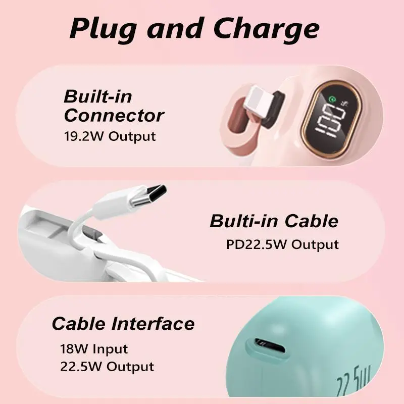 5000mAh Mini Power Bank – 22.5W Fast Charger with USB‑C & USB‑A (iPhone & Android Compatible)