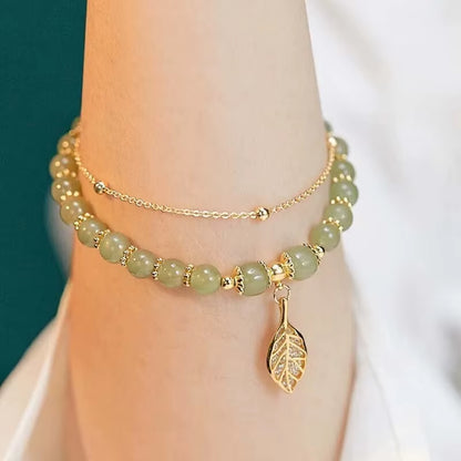 Chinese Style Green Jade Bracelet for Women Exquisite Gold Color Leaves Wrist Strap Bangle Double Chain Bracelet Girls Gifts