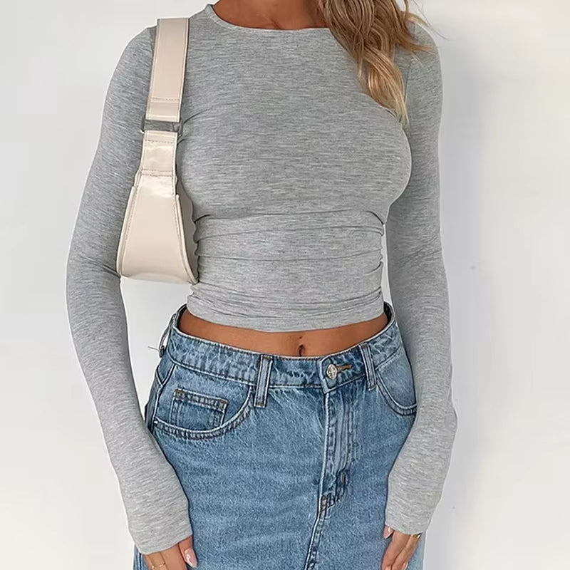 2024 Women Long Sleeve T Shirt Spring Autumn Solid Slim Fit Pullovers Tees Female Basic Tee Y2K Clothes Streetwear Crop Tops