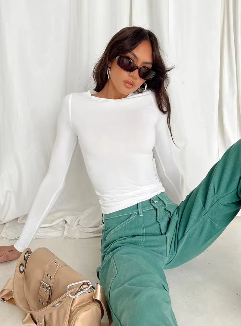 2024 Women Long Sleeve T Shirt Spring Autumn Solid Slim Fit Pullovers Tees Female Basic Tee Y2K Clothes Streetwear Crop Tops