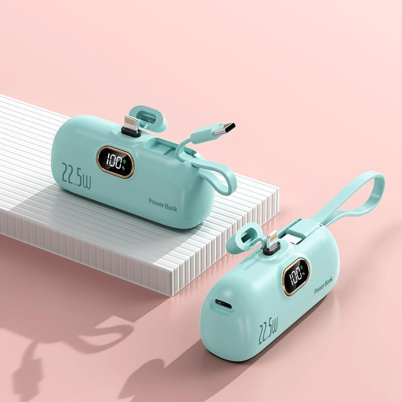 5000Mah Mini Portable Charger with 22.5W Fast Output, Featuring Both Type-C and USB-A Ports for Universal Compatibility with Ios and Android Devices. Its Compact Design Includes a Digital Power Display for Accurate Battery Monitoring.