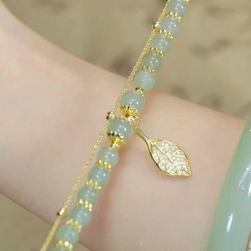Chinese Style Green Jade Bracelet for Women Exquisite Gold Color Leaves Wrist Strap Bangle Double Chain Bracelet Girls Gifts
