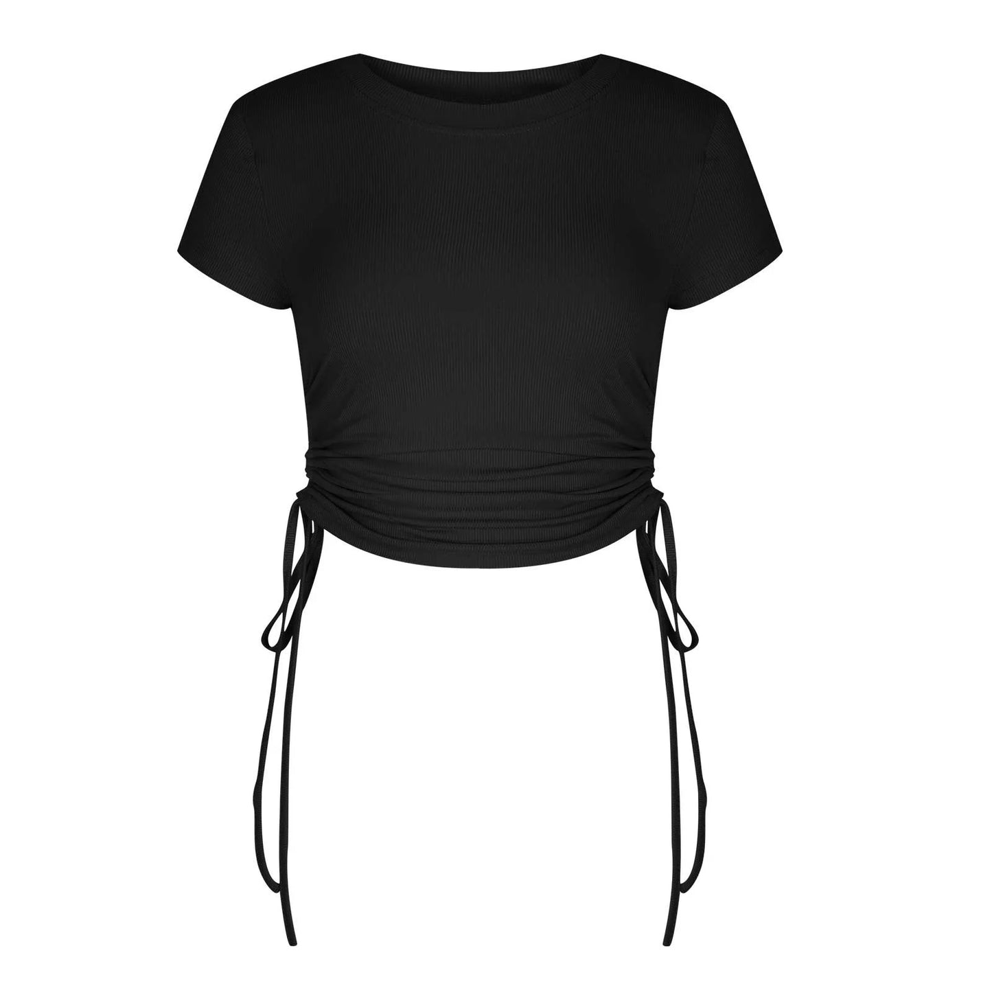 Women'S Ribbed Slim Crop Tops Fashion Shirts Solid Color round Neck Retro for Teens Girls Summer Pullover Short Sleeve Elegant Casual Drawstring Black L