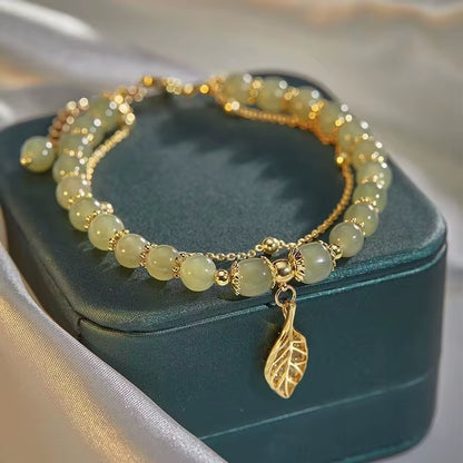 Chinese Style Green Jade Bracelet for Women Exquisite Gold Color Leaves Wrist Strap Bangle Double Chain Bracelet Girls Gifts
