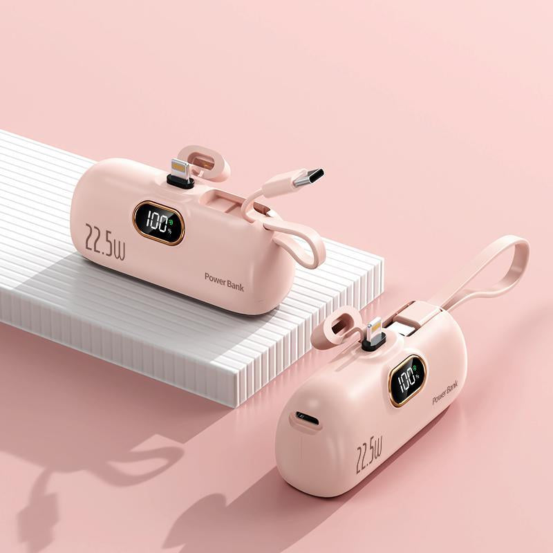 5000Mah Mini Portable Charger with 22.5W Fast Output, Featuring Both Type-C and USB-A Ports for Universal Compatibility with Ios and Android Devices. Its Compact Design Includes a Digital Power Display for Accurate Battery Monitoring.