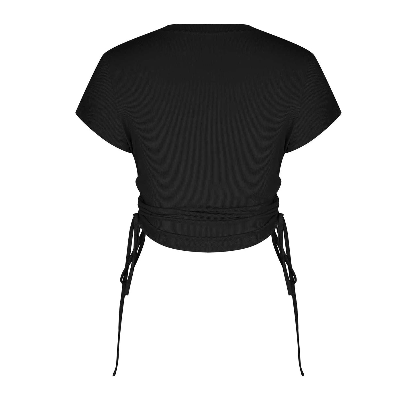 Women'S Ribbed Slim Crop Tops Fashion Shirts Solid Color round Neck Retro for Teens Girls Summer Pullover Short Sleeve Elegant Casual Drawstring Black L