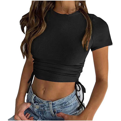 Women'S Ribbed Slim Crop Tops Fashion Shirts Solid Color round Neck Retro for Teens Girls Summer Pullover Short Sleeve Elegant Casual Drawstring Black L