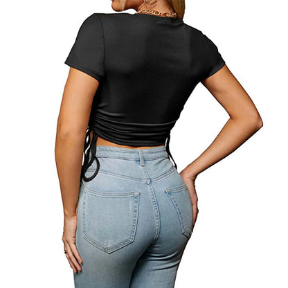 Women'S Ribbed Slim Crop Tops Fashion Shirts Solid Color round Neck Retro for Teens Girls Summer Pullover Short Sleeve Elegant Casual Drawstring Black L