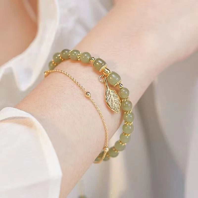 Chinese Style Green Jade Bracelet for Women Exquisite Gold Color Leaves Wrist Strap Bangle Double Chain Bracelet Girls Gifts