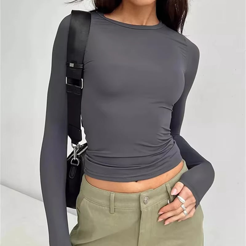 2024 Women Long Sleeve T Shirt Spring Autumn Solid Slim Fit Pullovers Tees Female Basic Tee Y2K Clothes Streetwear Crop Tops