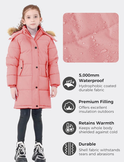 Girl'S Winter Coat Long Puffer Jacket Fleece Parka with Hood Waterproof