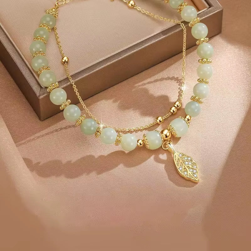 Chinese Style Green Jade Bracelet for Women Exquisite Gold Color Leaves Wrist Strap Bangle Double Chain Bracelet Girls Gifts
